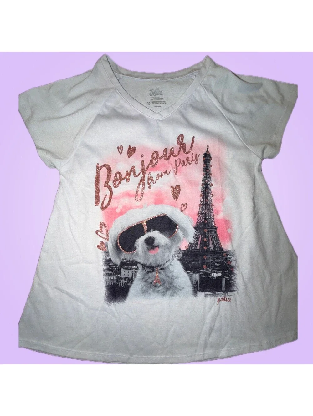 Justice Girls Size 10 White Bonjour Paris Dog Glitter Graphic T-Shirt